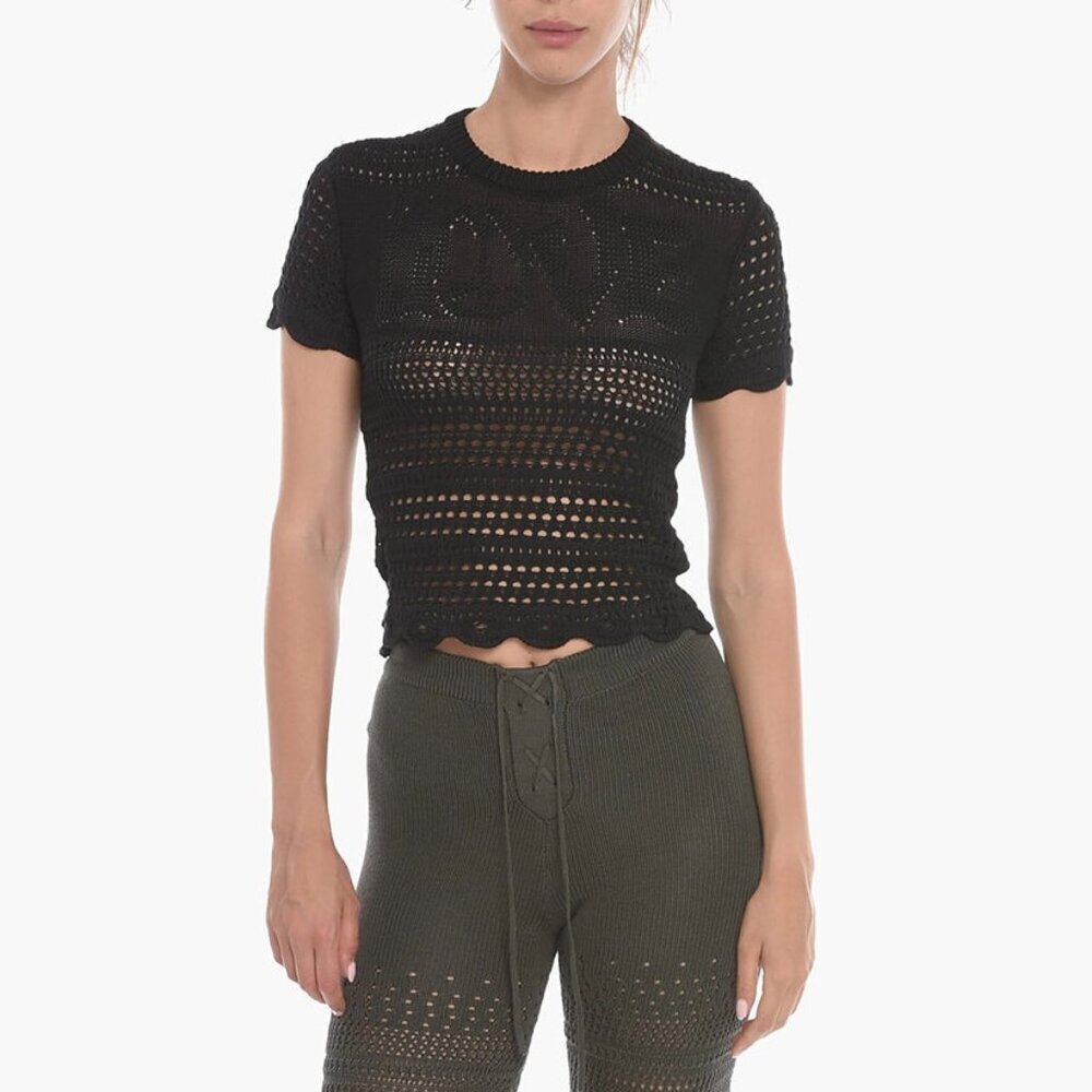Amiri Love‎ Intarsia Silk Blend Black Short Sleeve Knit Crochet Top M​​